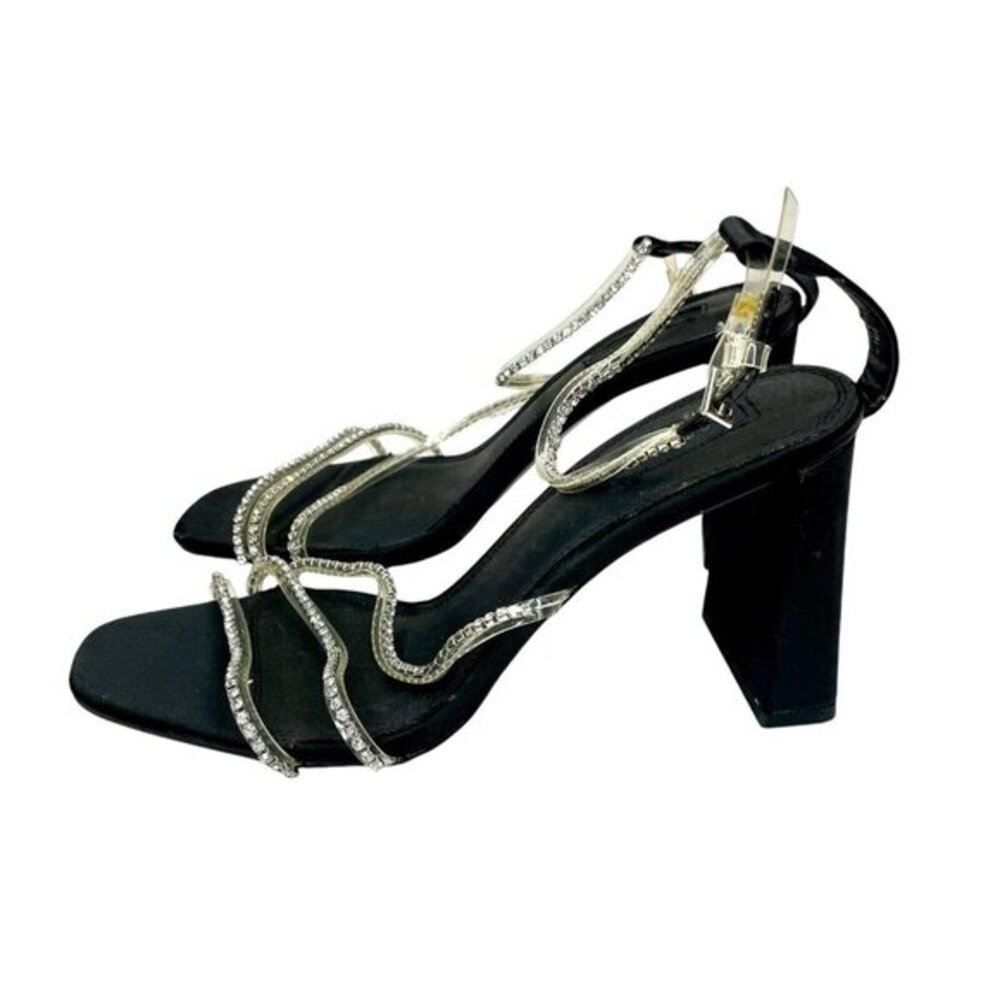Topshop Black Heels Satin Block Heel Rhinestones Embellished Straps SZ 42 EU NEW